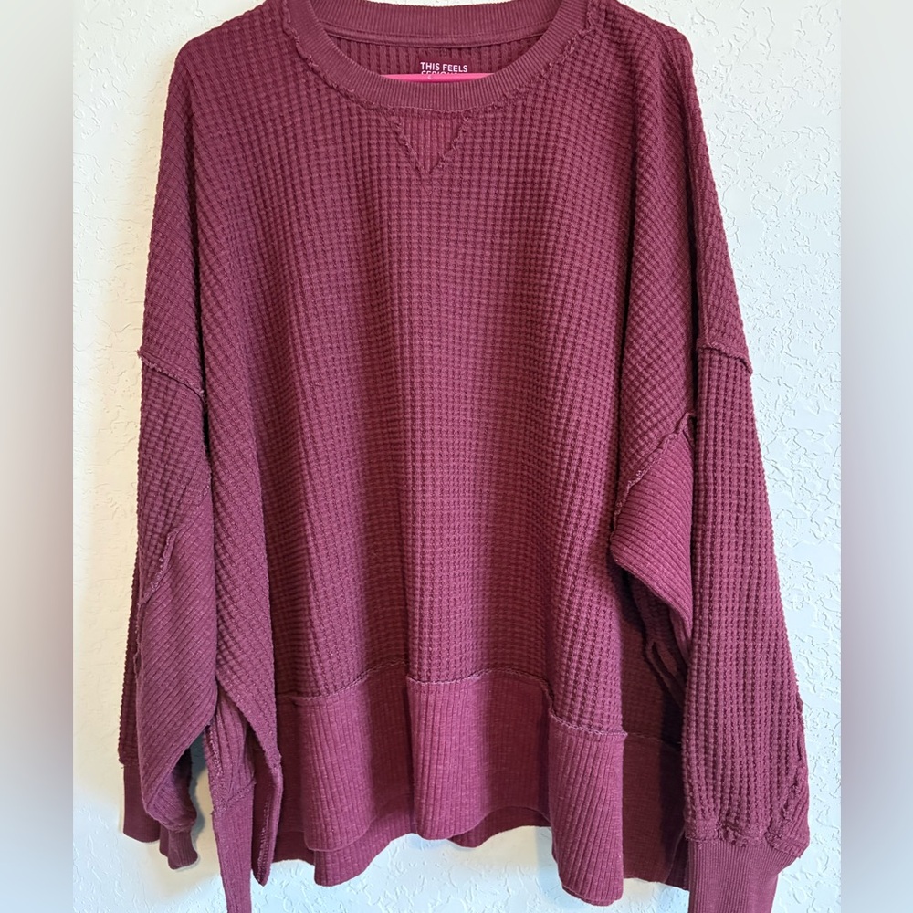 American Eagle Outfitters Waffle Knit Crewneck Sweater - Burgundy